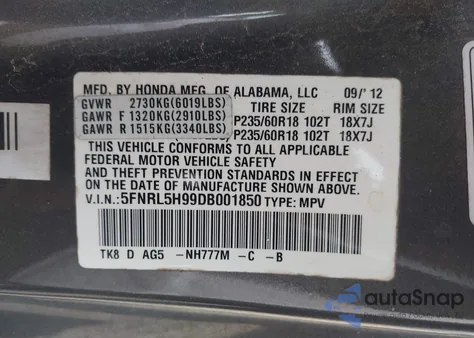 2013 Honda Odyssey Touring/Touring Elite z USA, uszkodzony, nr VIN 5FNRL5H99DB001850